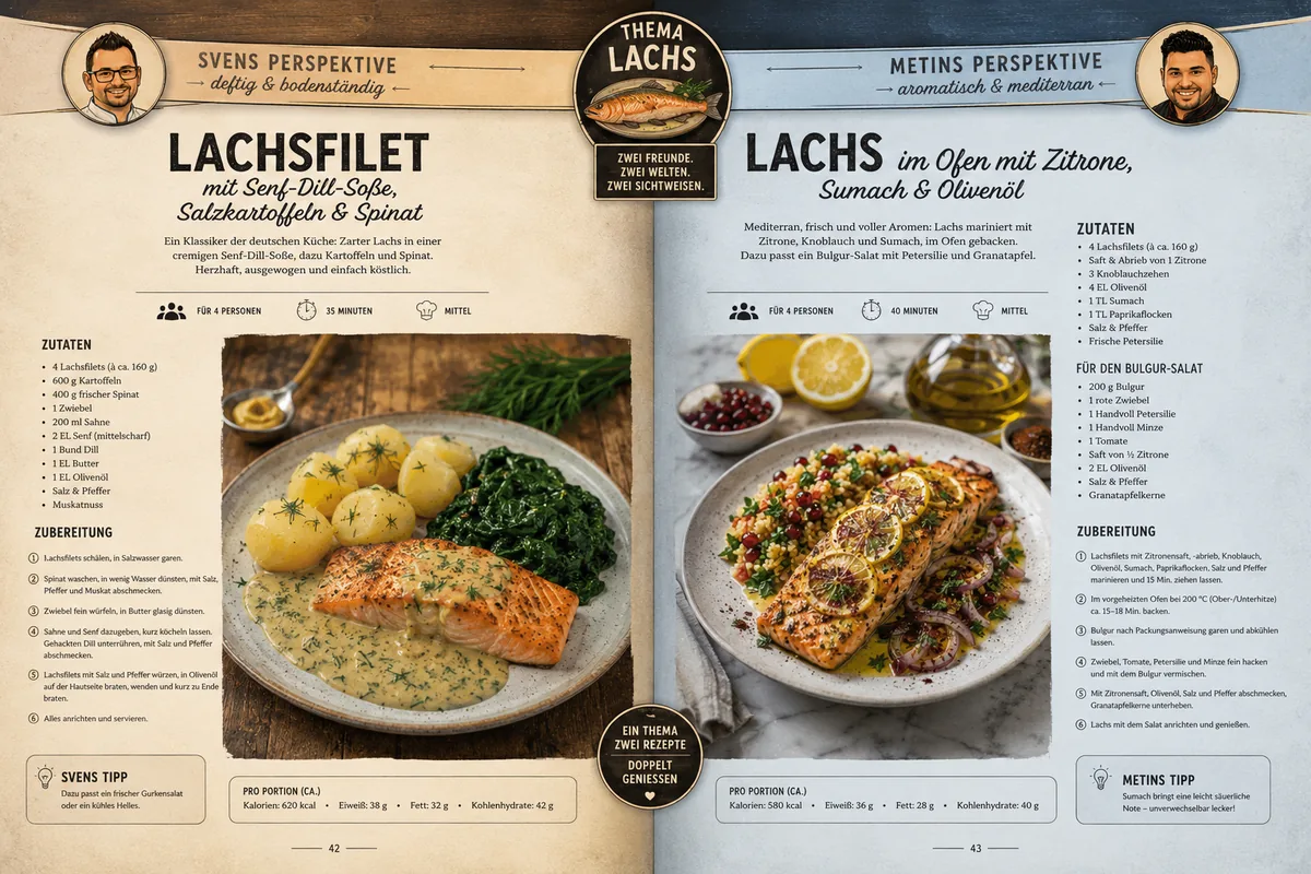 Doppelseite: Lachs aus zwei Perspektiven